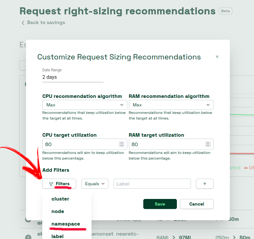 4º - no modal que se abrir, clique em “Filters“ > “namespace“.